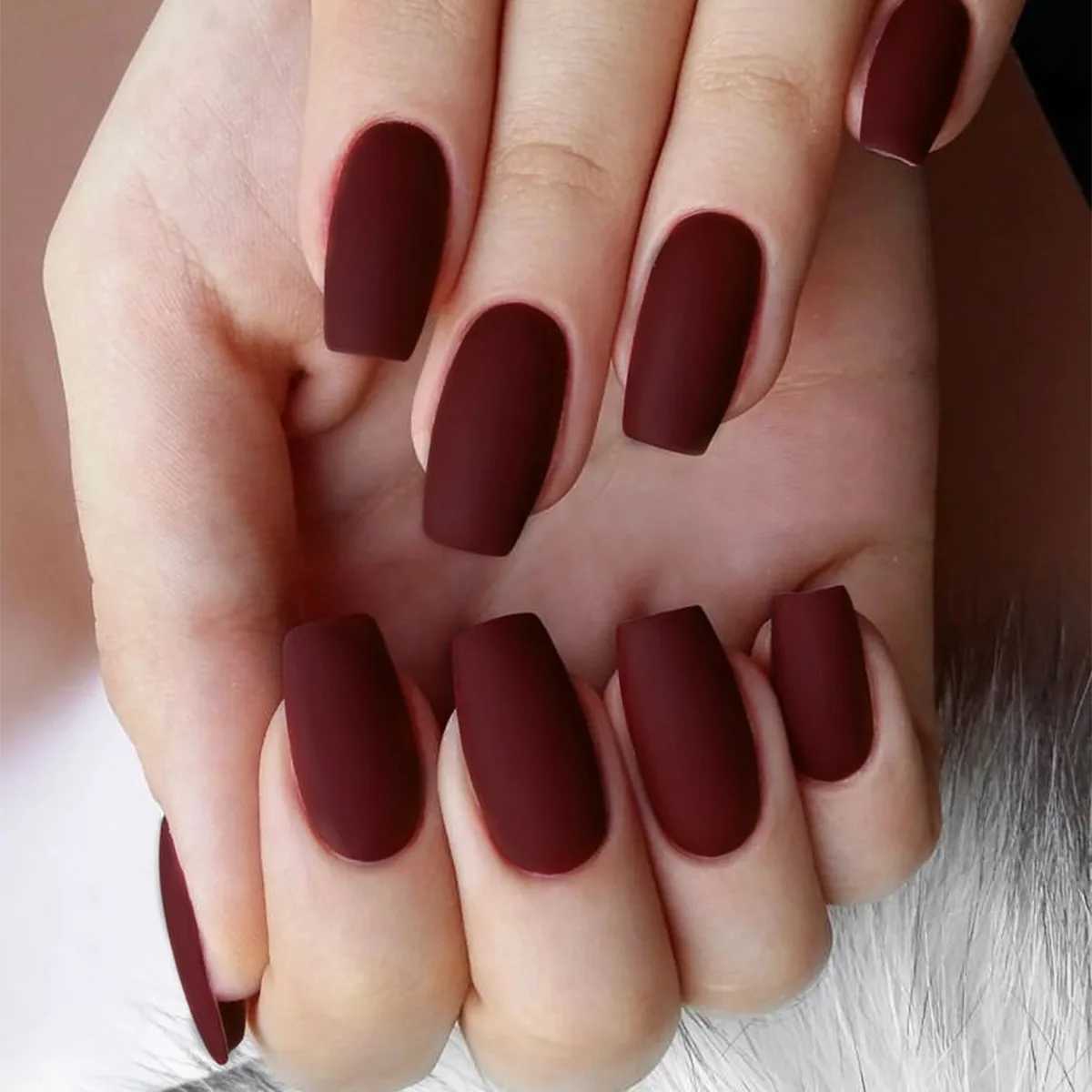 24 pieces of solid color wine red design fake nails short square shape press fake nails simple and detachable fully covered nail tips W250410