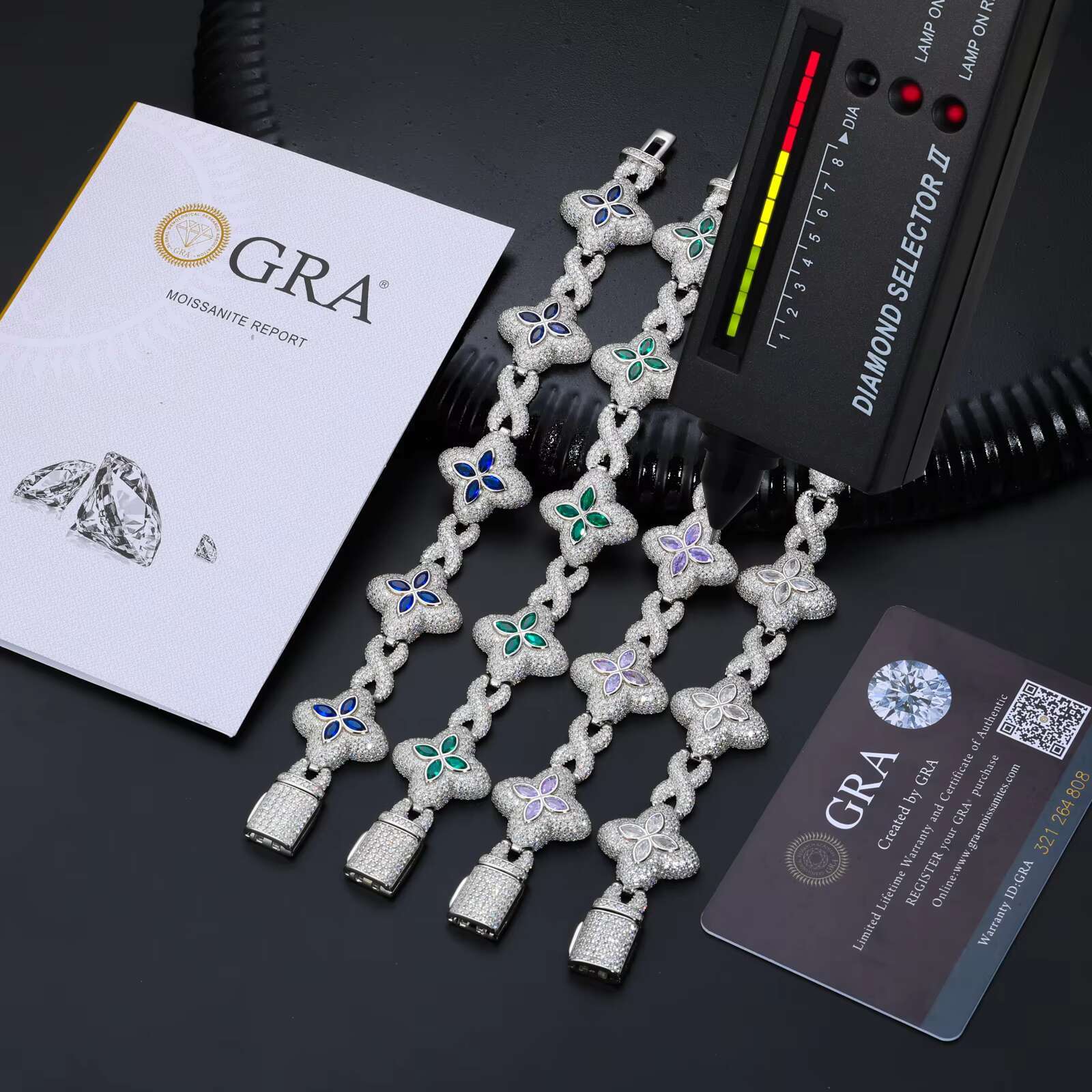 Fashion Hip Hop Jewelry 20mm Rose Gold 925 Sterling Silver Colored Moissanite Diamond Four Leaf Clover Infinity Link Bracelet