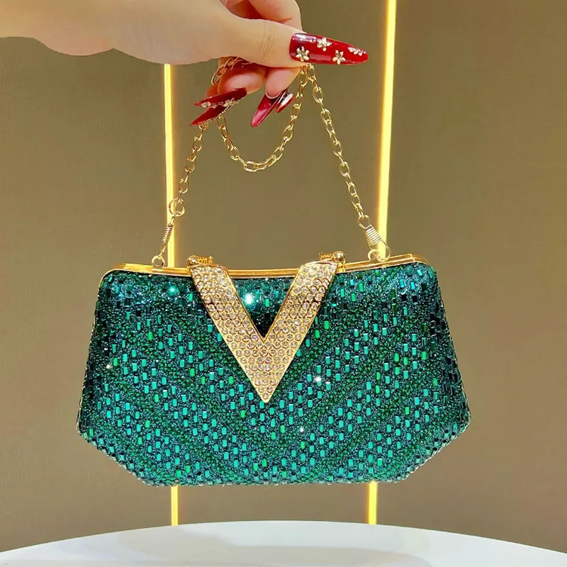 2025 Women Full Diamonds V-shaped Lock Inlaid Evening Clutch Bag Rhinestone Handbag Wedding Party Crossbody Bag R251110