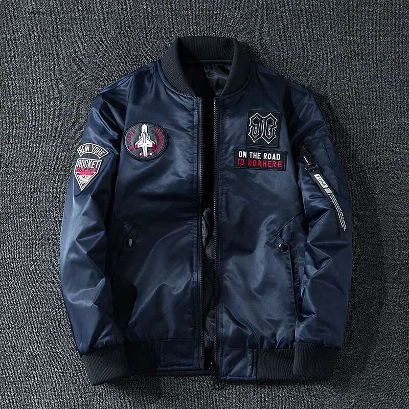 Winter Bomber Military Pilot Badge Fashion Double Side Wear Motorcycle Jacket Autumn Youth Men Clothing Pocket