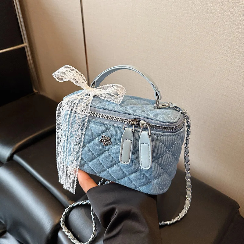 Trendy Denim Box Bag with Chain Strap Womens 2025 New Faion Small Square Chain Bag Versatile Crossbody Diamond Pattern R251110