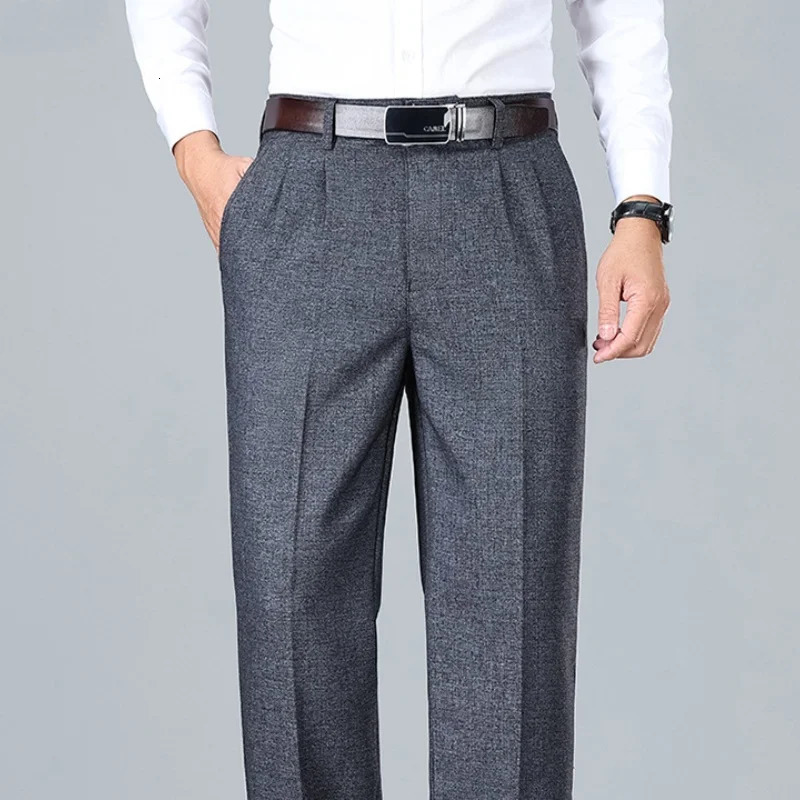 Autumn Double Pleated High Waist Suit Mens Pants Black Gray Deep Rise Trousers For Male Office Formal Men Size 42 44 251110