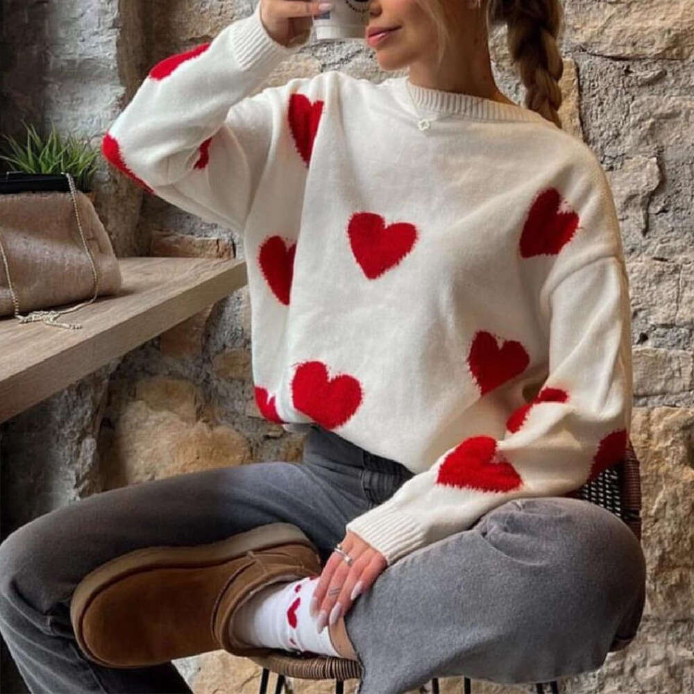 Heart Jacquard Round Neck Autumn Winter Sweater for Women Cross-Border Wholesale European and American 2025 Loose Casual Thickened Knitted Top