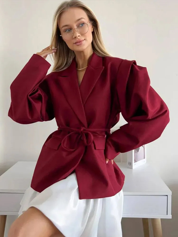 Trendy Oversized Womens Belt Blazer Suit Solid Loose Fit Slim Jacket Elegant Formal Female Coat Summer Outerwear Outfit 251110