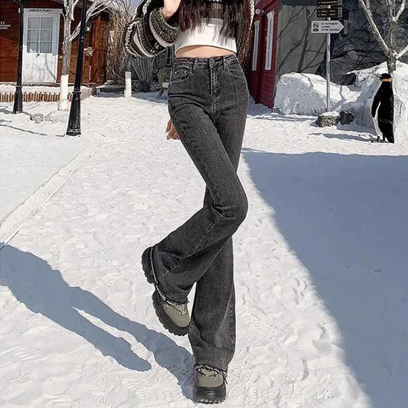 2024 Woman High Waist Vintage Flare Jeans Female Gothic Elastic Bell Bottom Pants Lady Streetwear Blue Black Grey Denim Trousers C251110