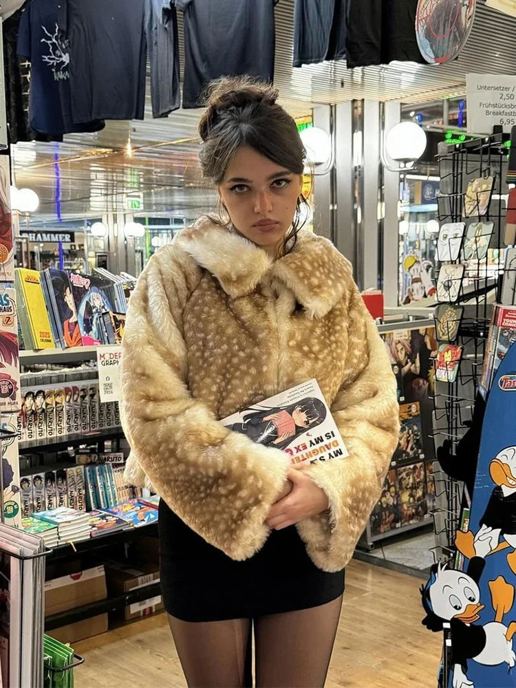 Leopard Printed Faux Fur Short Coat Women Lapel Full Sleeve Single Breasted Loose Mini Coats Lady Winter Daily Street Outerwear 251110