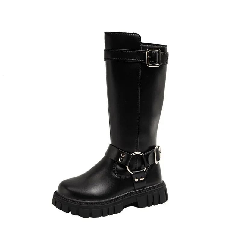 Winter Kids Fashion Boots Black School Girls Catwalk Boots Matte PU Non-slip Children Causal Cotton Boots Long High Versatile 251104