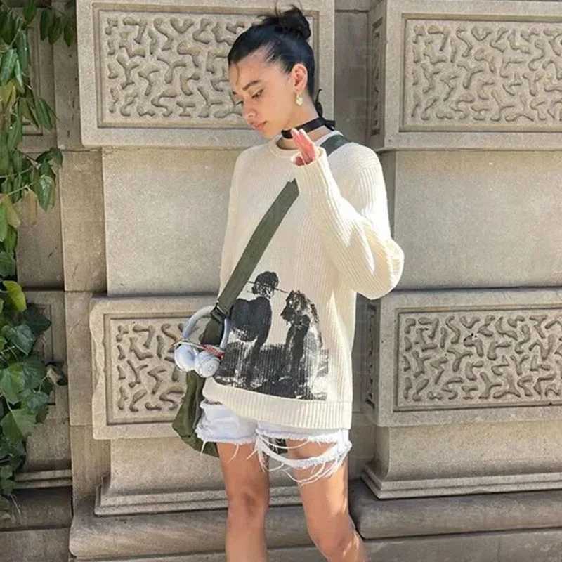 Fashion Autumn Winter Gothic Harajuku Long Sleeved Round Neck Loose Women Sweater Aesthetics Knitted Retro Art Street Oversized Knitwear Y251110