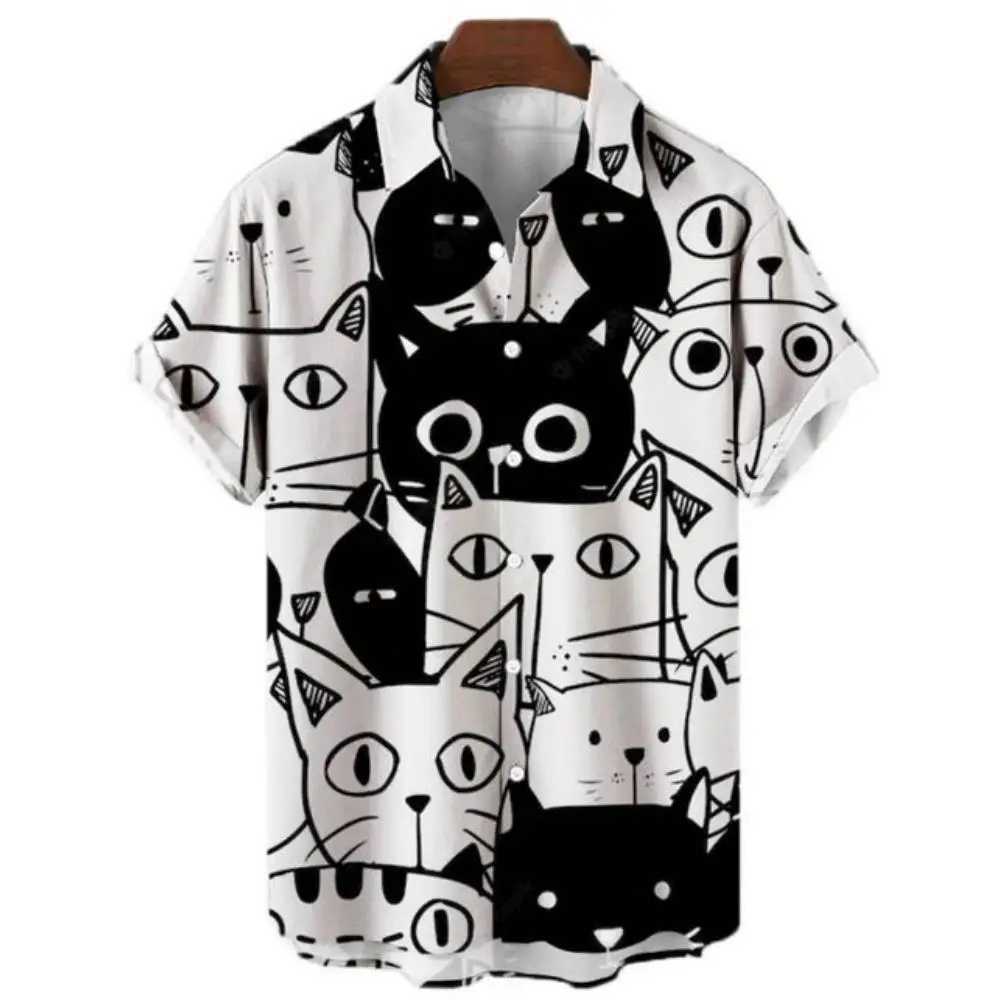 3D lapel Hawaiian mens casual short sleeved anime shirt mens summer mens street retro animal cat X250410