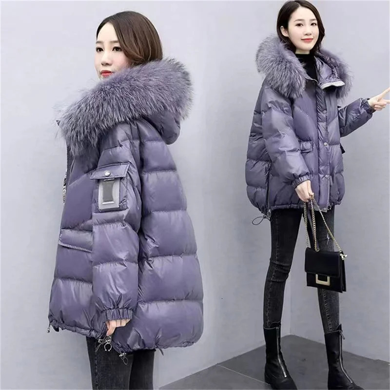 Down Cotton Jacket 2024 Womens Mid Length Korean Version Loose Fitting Thick Jacket Large Woolen Collar Winter Hooded Outfi 251107