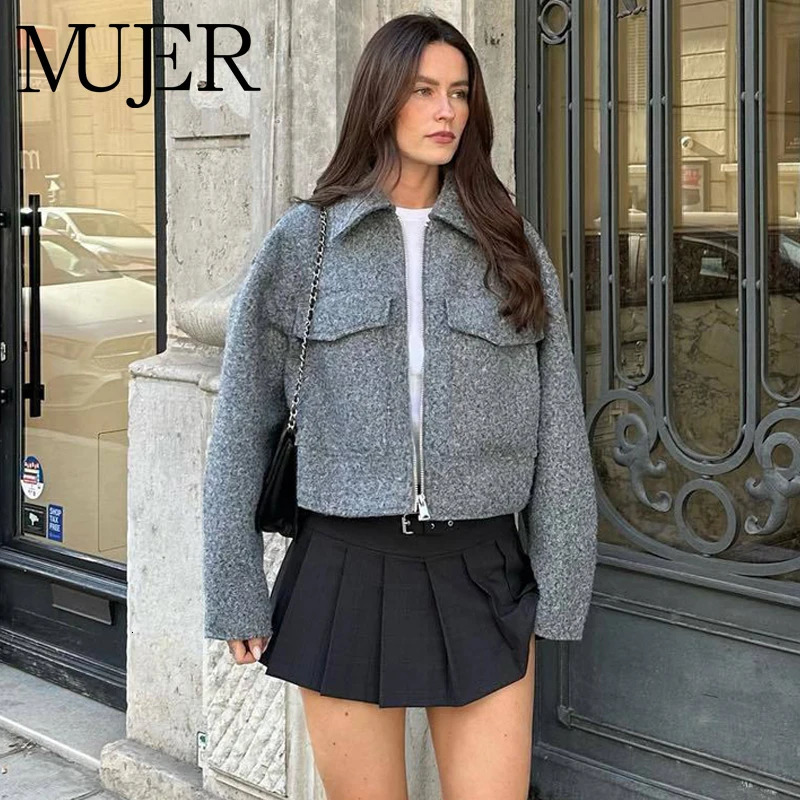 MUJER Tweed Cropped Jackets for Women Zip Bomber Jacket Woman Long Sleeve Streetwear in Coats and 251110