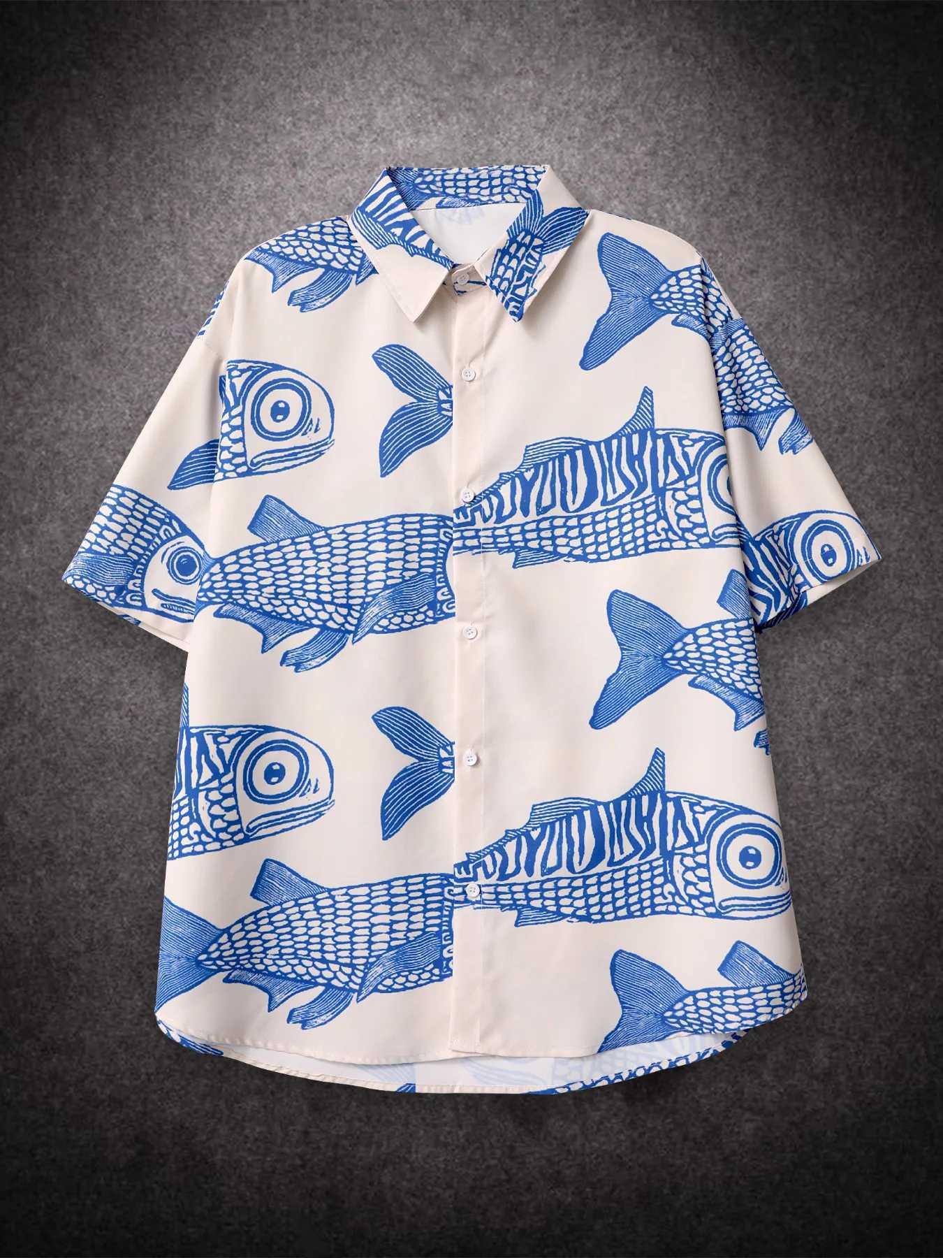 Ultra fine American fried street fashion fish print new personalized mens summer casual shirt X250410