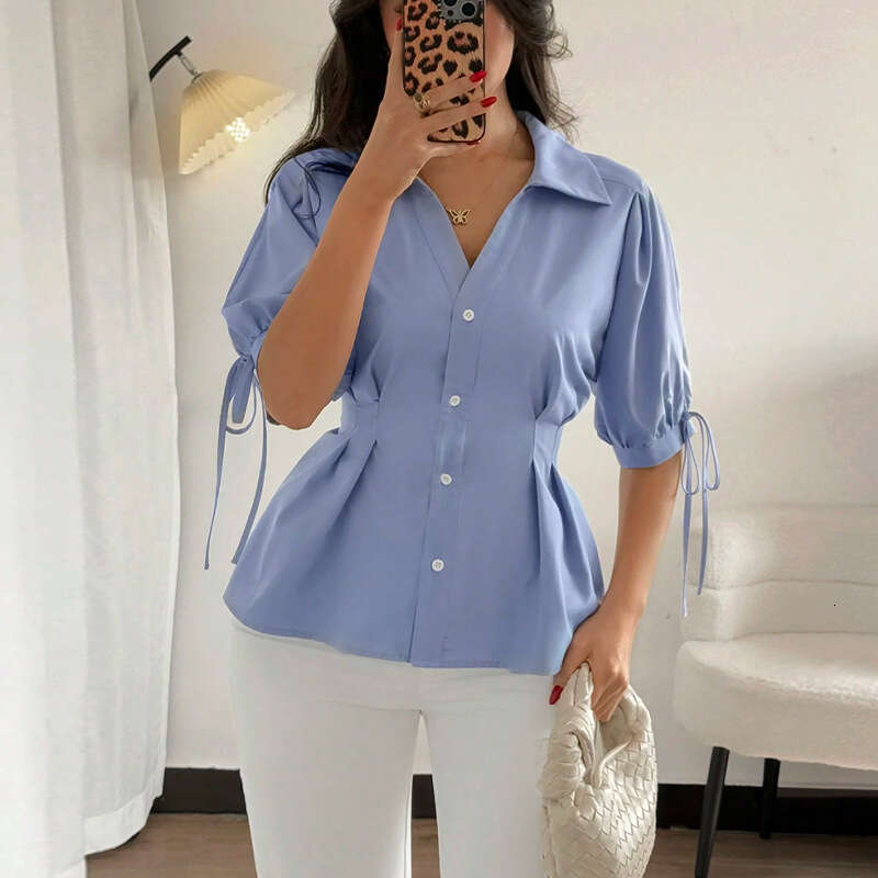 Cross-Border INS Foreign Trade European and American Solid Color Half Sleeve Drawstring 2025 Independent Station Elegant Waist-Cinching Cardigan Shirt