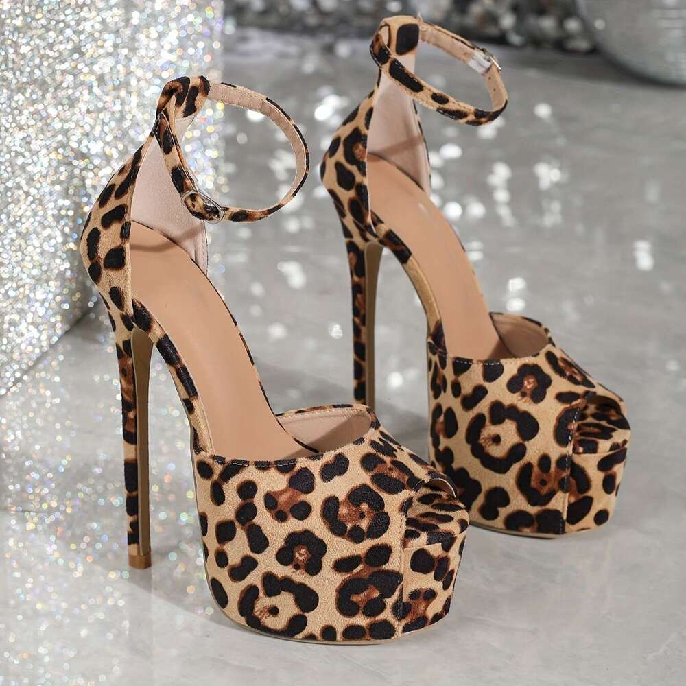 Women's Leopard Print Peep Toe Ankle Strap Stilettos, High Heel Platform Pumps, Glamorous Party Nightclub Shoes