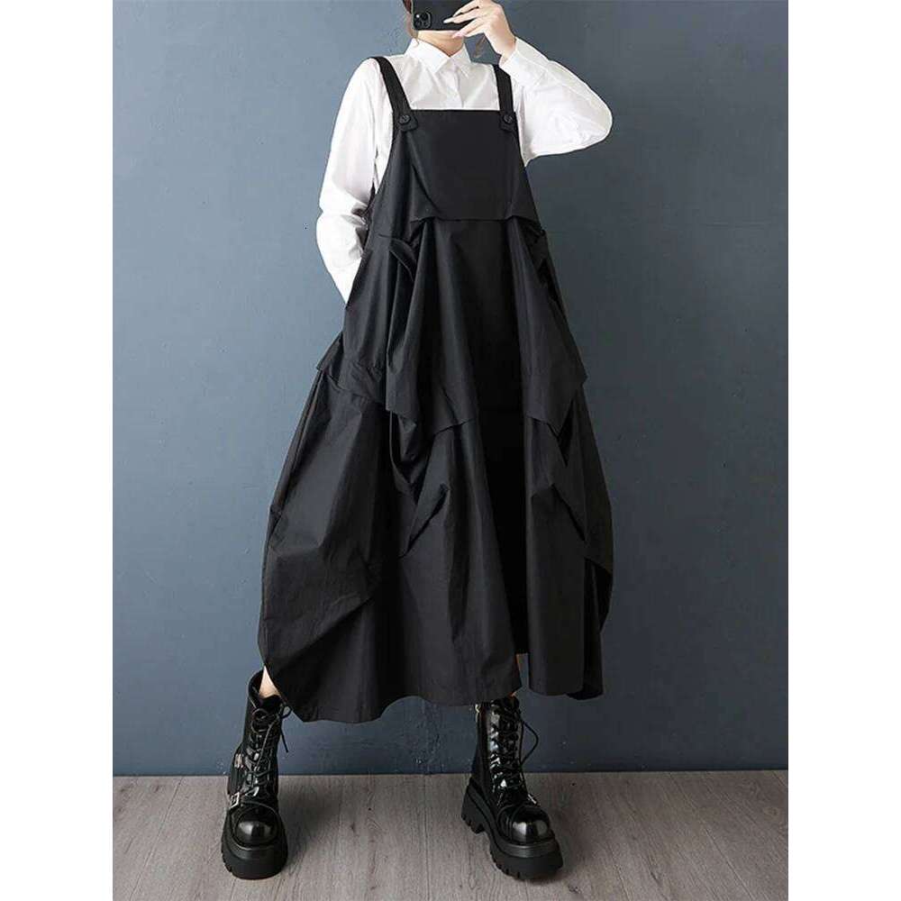 2025 Spring Autumn New Black Vintage Straps Dresses For Women Sleeveless Pleated Loose Casual Dress Robe Elegant Fashion Clothes