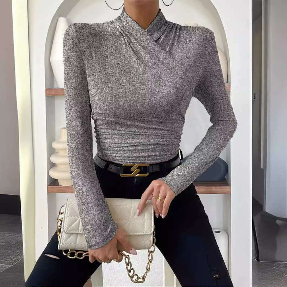 European and American Cross-Border Pullover Autumn Winter New Design Sense Cross-Neck Long Sleeve Slim Fit Versatile Solid Color Ruched T-Shirt