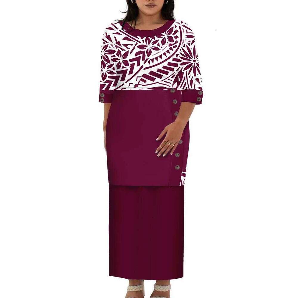 Hawaii Style Design Big Size Ladies Long Custom Polynesian Puletasi Ptaha Dress O Neck Prom Clothes 2 Piece Outfits Sets