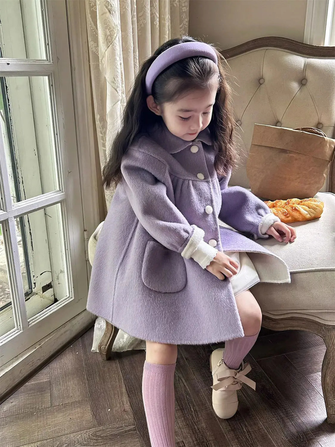 Girls coat autumn and winter style lapel doublesided woolen coat childrens medium long woolen coat 251103