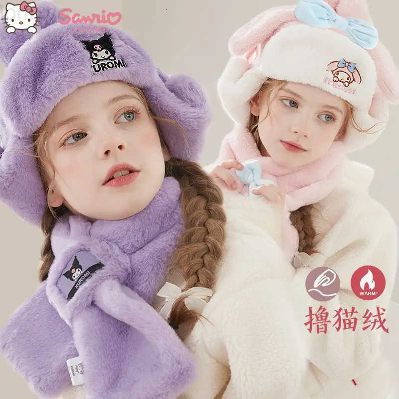 Sanrio Kawaii KUROMI MY MELODY Girls Hat Thickened Plush Autumn and Winter Childrens Warm Winter Cinnamorol Ear Protection Hat H251110