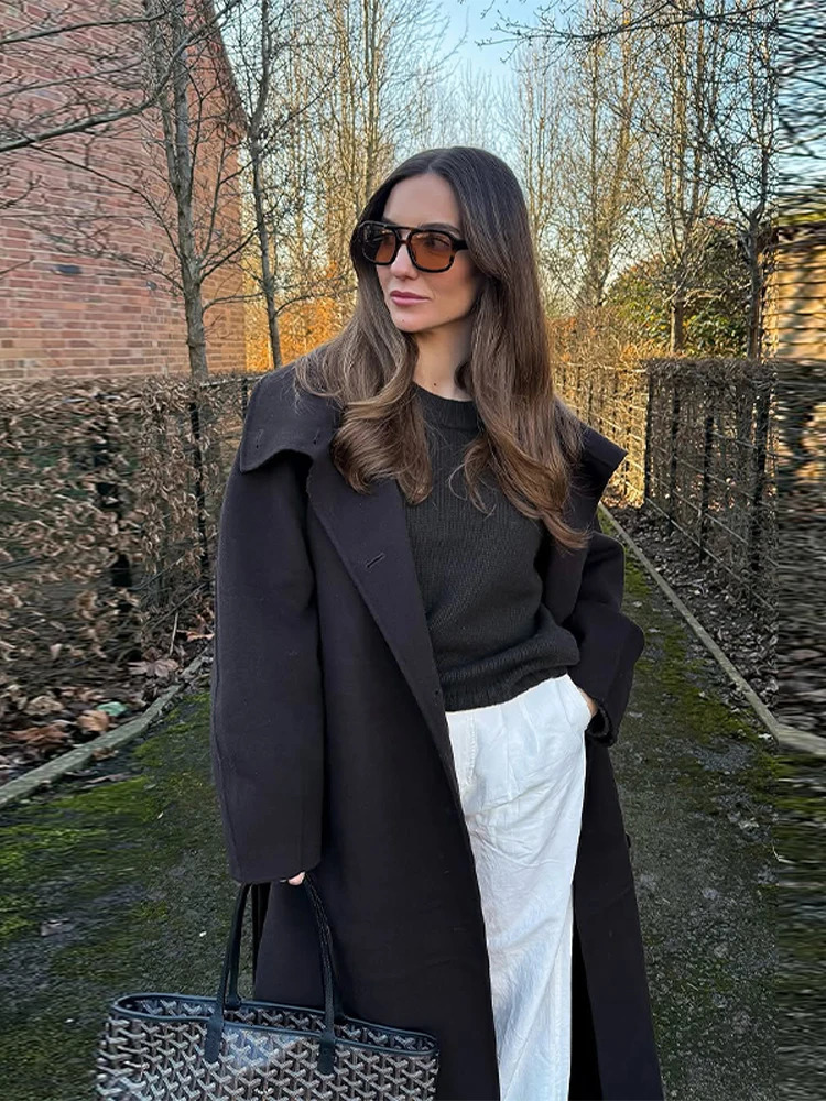 Casual Woolen Long Coat Women With Belt Stand Collar Single Breasted Full Sleeve Jacket Autumn Winter Solid Lady Outwears 251110