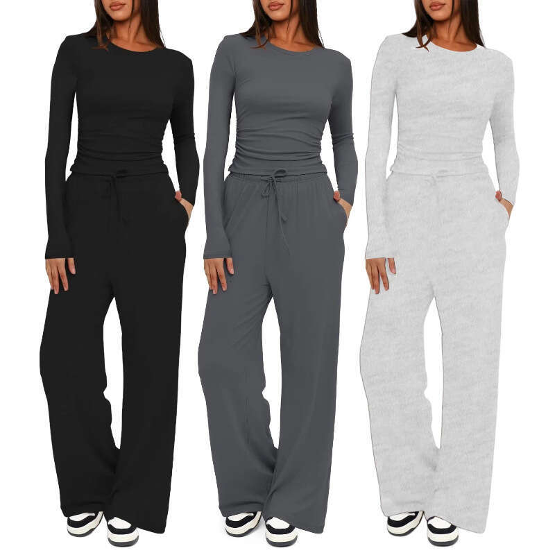 Hot-Selling Kardashian Solid Color Comfortable Wide-Leg Casual Pants Fashion Tie Suit Long Sleeve