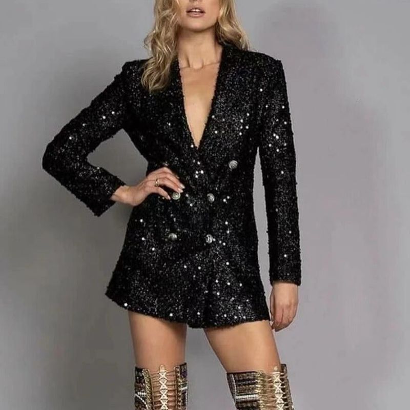 Women's Clothing Fashion Celebrity V Neck Temperament Suit Jacket Double Breasted Black Sequins Slim Long Top