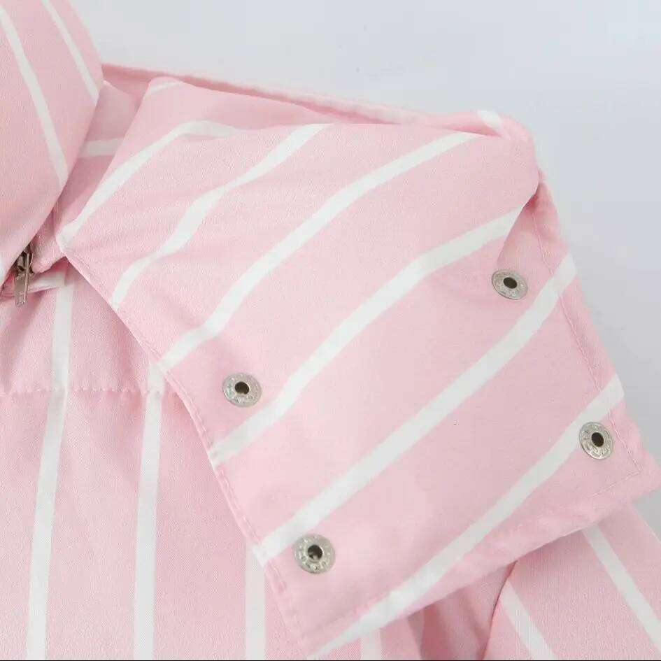 New Winter Fashion Women Pink Stripes Zip Up Bread Parka Coat For Woman Removable Hat Hooded Long Sleeve Outerwear