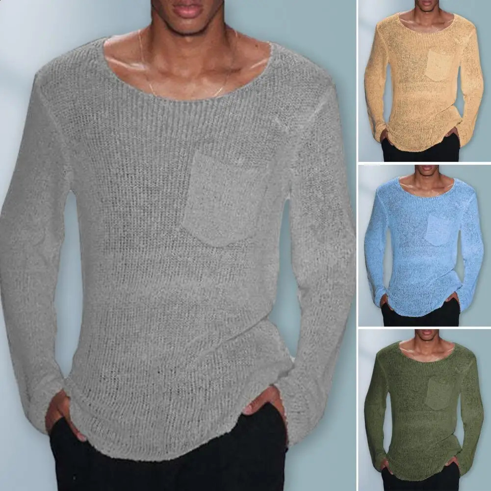 Men Sweater Solid Color Sweater Stylish Mens Hollow Out Knitwear Casual Pullover Sweaters with Thin Loose Fit Solid Color for A 250407