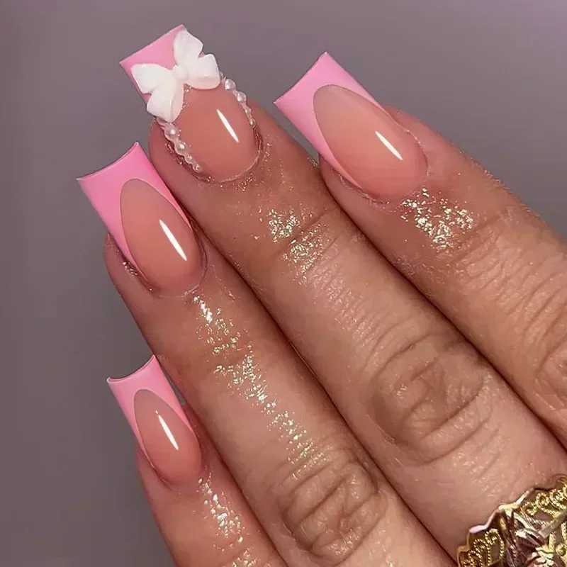 24 pieces of medium length pink leopard fake nails with bow design square shaped nails can be worn with French fake nails complete set of handmade poi