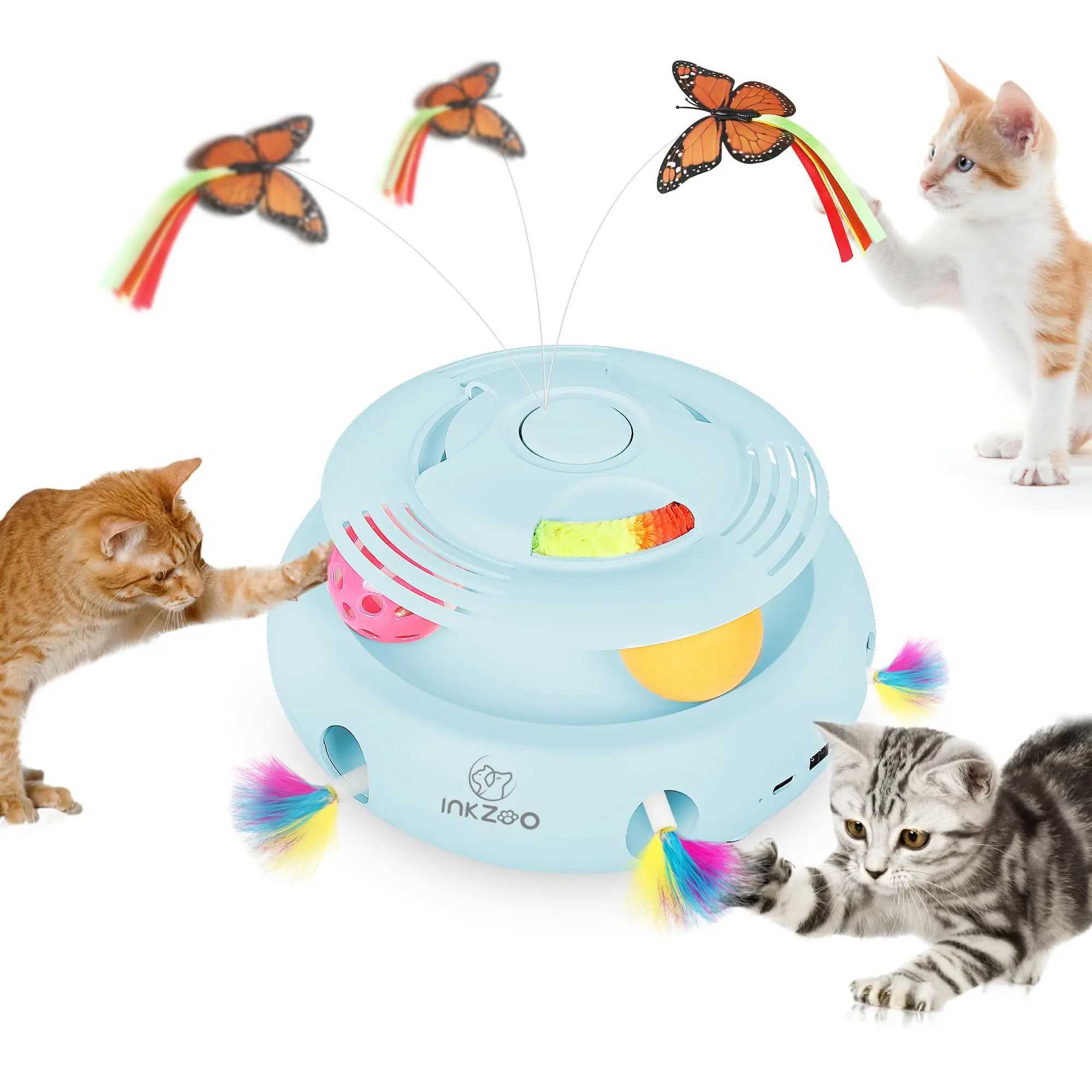 INKZOO 4-in-1 Interactive Cat Toys for Indoor Cats Automatic 6 Holes Mice Whack-A-Mole Fluttering Butterfly Track Balls USB J2511081