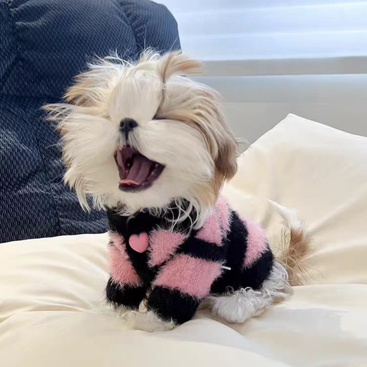 Fluffy Pink & Black Striped Design, Warm Pet Sweater for Small Dogs, Cute Heart Details, Soft Material, Fashionable Dog Apparel for Maltese & Tiny Bre
