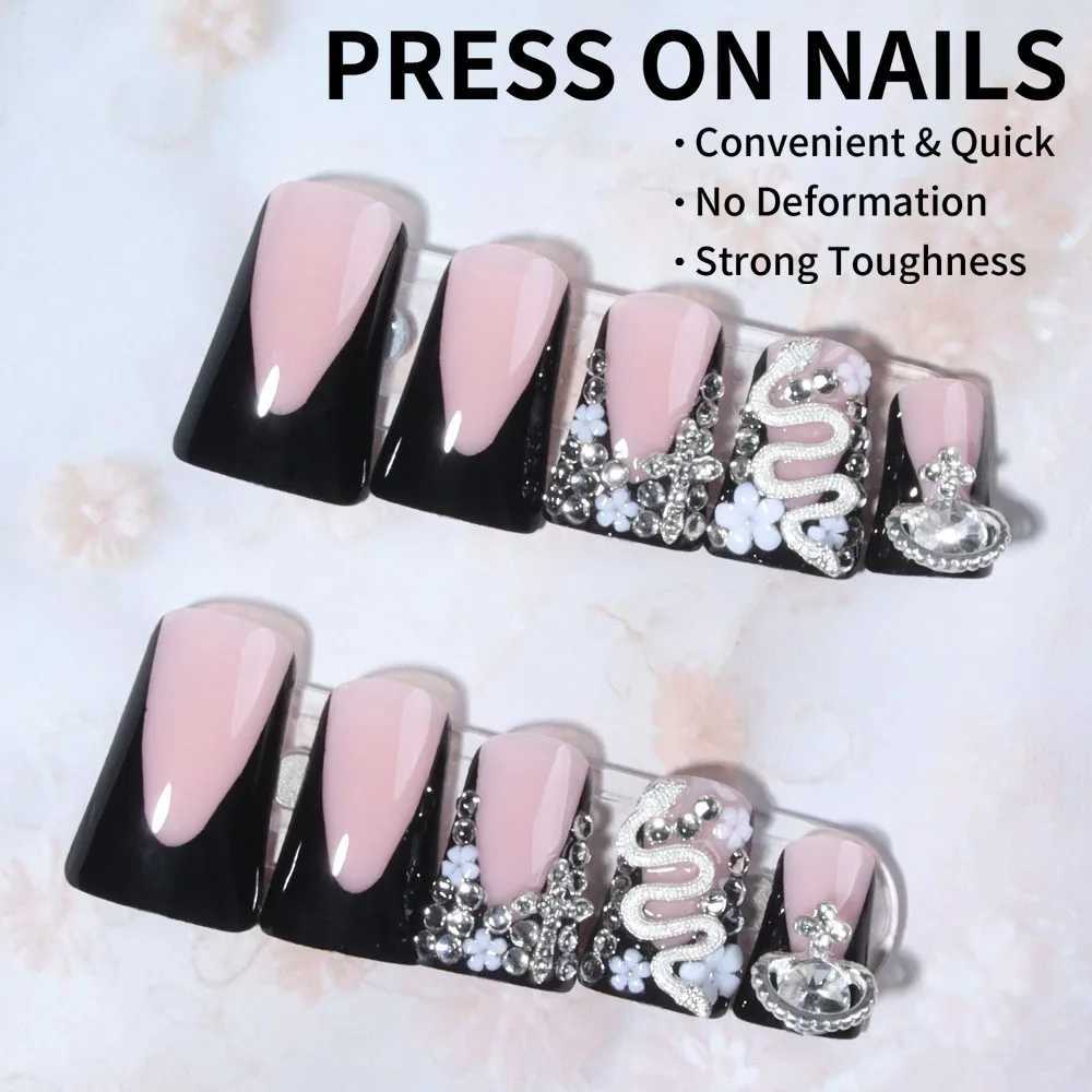 24 short square nail tips. 3D snake shaped diamond. Black duckfoot shaped French full stick covered nail art. W250410