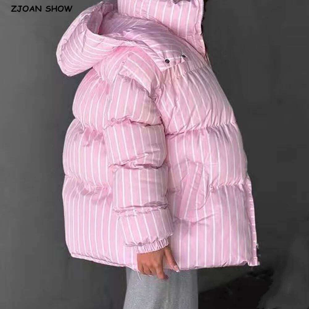 New Winter Fashion Women Pink Stripes Zip Up Bread Parka Coat For Woman Removable Hat Hooded Long Sleeve Outerwear