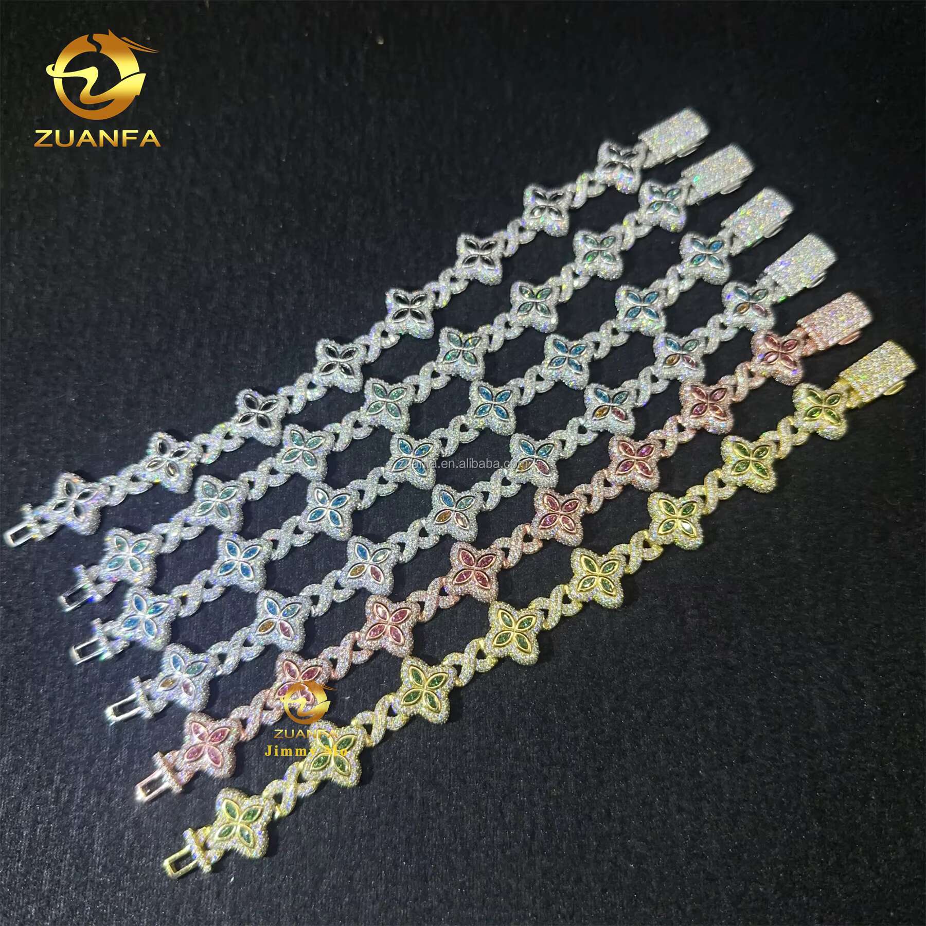 Bulk Stock New Design 15mm Marquise Flower Design Hip Hop Jewelry Iced Out Moissanite Diamond Infinity Cuban Link Bracelet Men