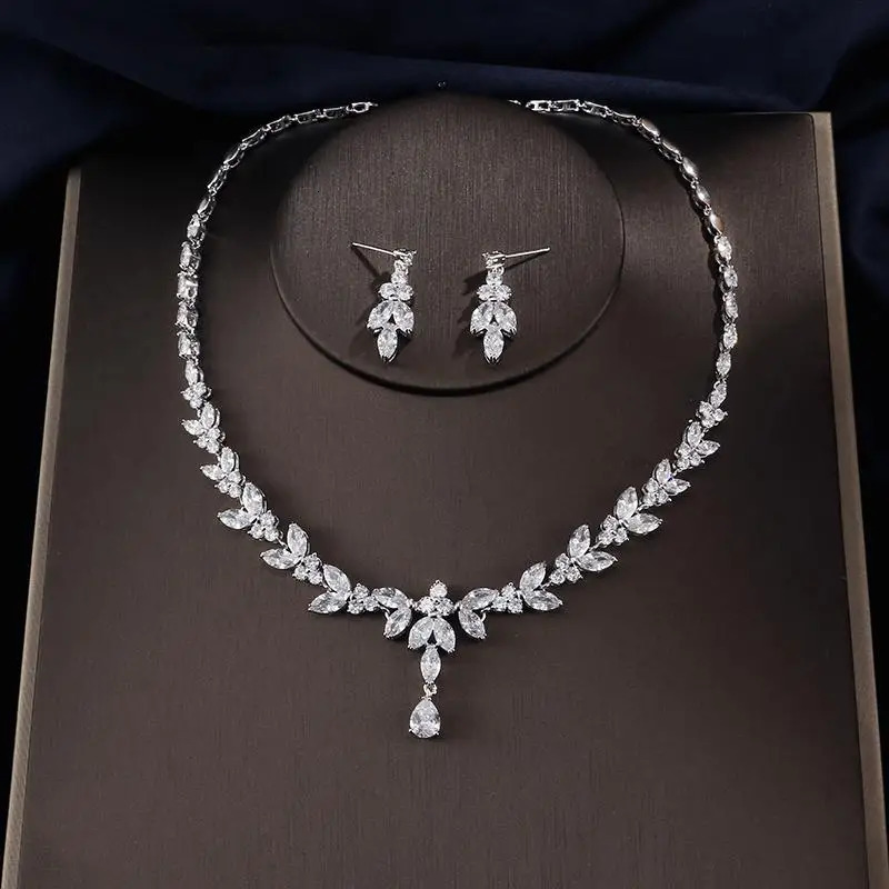 RAKOL Necklace Earring Set For Women Zircon Flower Leaf Fashion Bridal Wedding Party Charm Jewelry Set 250409