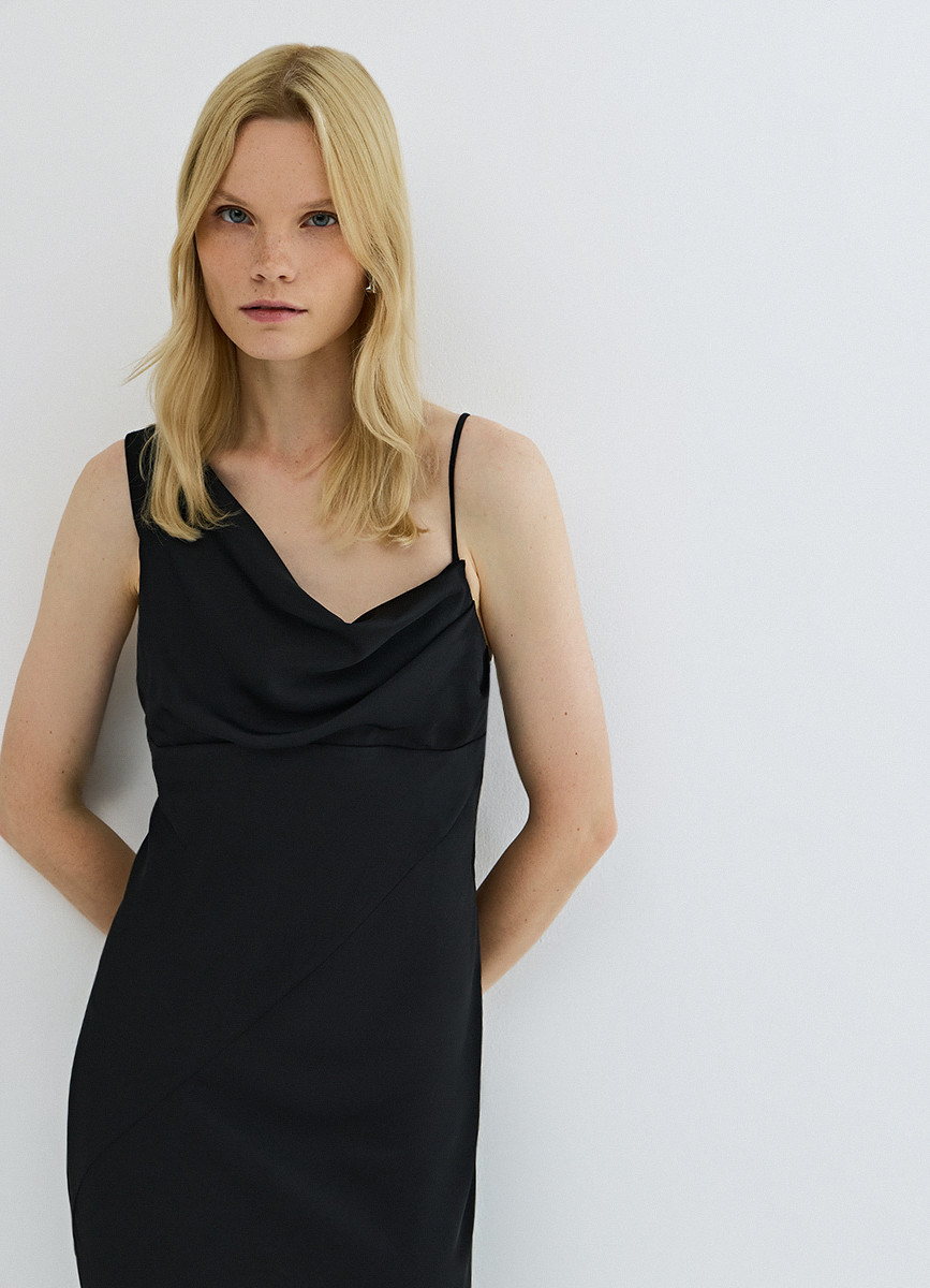 Women's Black Asymmetrical Neck Sleeveless Dress, Fitted Maxi Length Hidden Zipper Gown