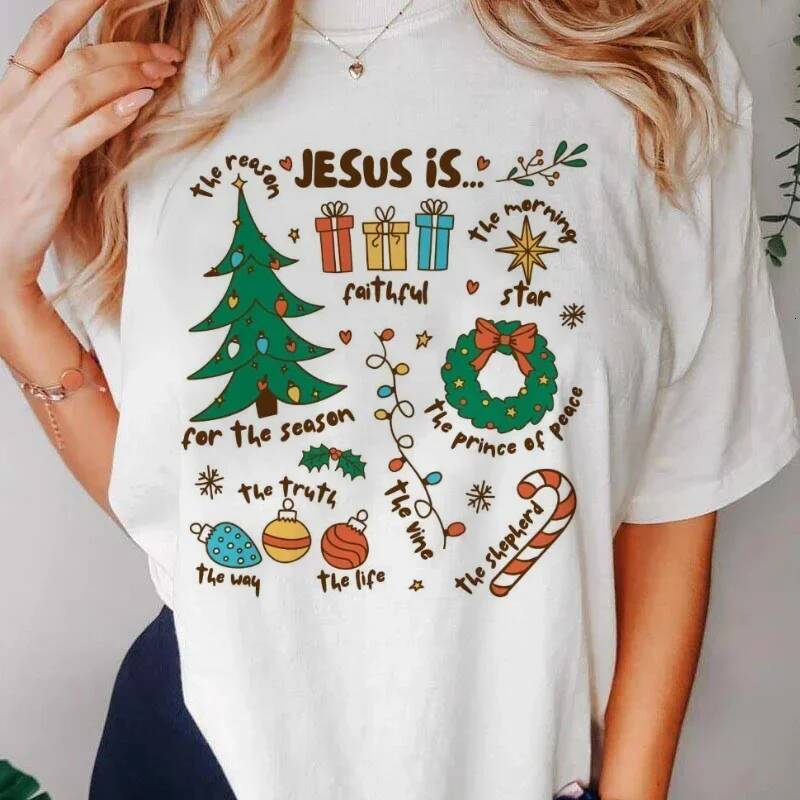 Ddmytues Christmas Jesus Is Reason For The Season Religious Women's Printed Short Sleeve Casual 90S Fashion Pattern Top T-Shi