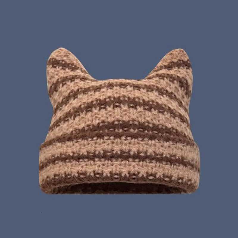Japanese Beanie Hat Ins Little Devil Striped Knitted Wool Cap Autumn and Winter Cute Cat Ears Pointed Pullover WomensXJ251110