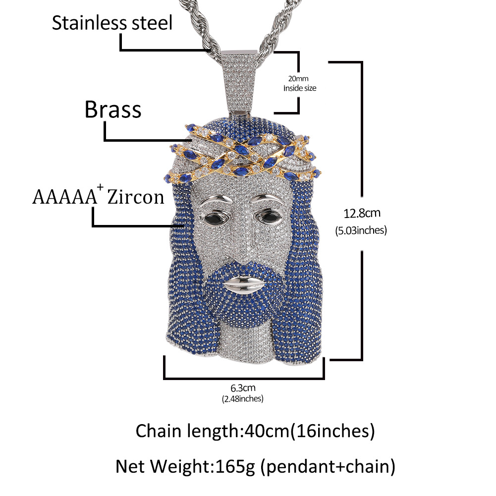 Hip Hop Jesus Face Pendant Necklace Blue 5A Zircons White Gold Plated Religion Jewelry