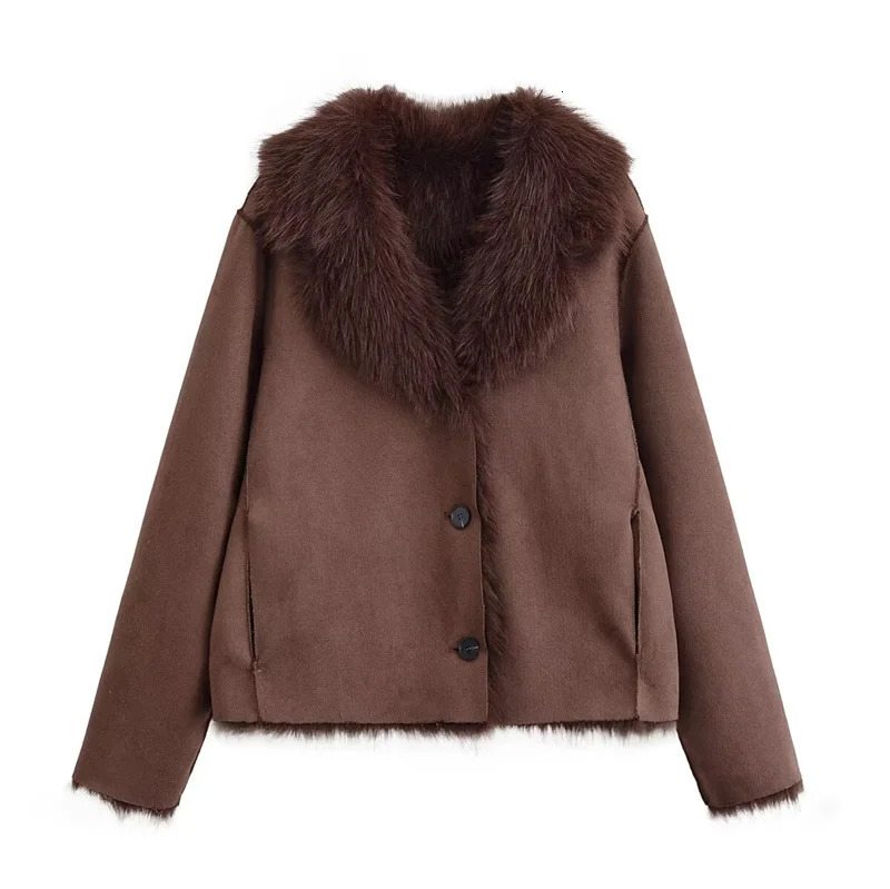 Womens Jacket Autumn Style Brown LongSleeve Faux Fur Reversible Warm Coat Elegant and Stylish 251110