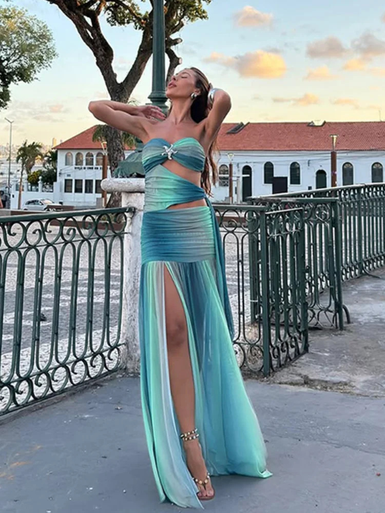 Summer Beach Blue Tie-dye Long Dress Women Sexy Off Shoulder Metal Star Hollow Out High Slit Vestidos 2025 Lady Holiday Wear 250409