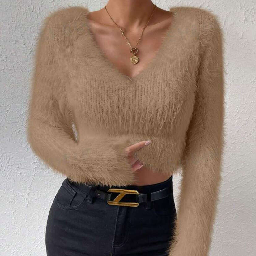 European and American Cross-Border Amazon Autumn Winter New Style Independent Station Solid Color V-Neck Slim Fit Versatile Fuzzy Short Women's S