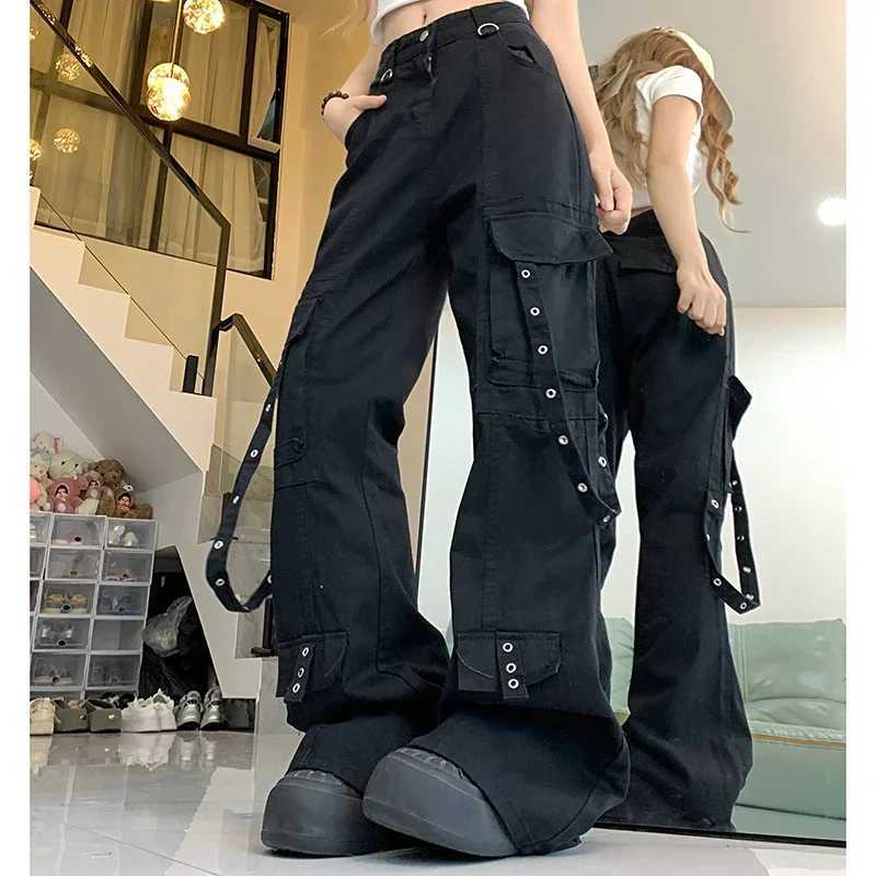 Female Loose Oversized Cargo Pants Woman High Waist American High Street Wide Leg Jeans Lady Black Denim Straight Leg Trousers C251110