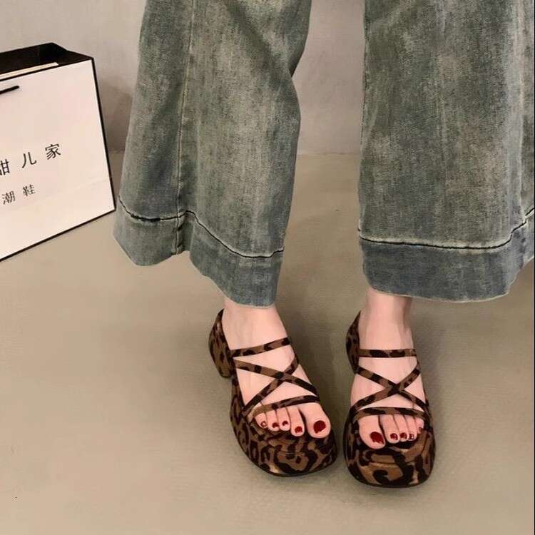Woman Sandals Fashion Leopard Print With Sponge Cake And One Line Slippers Women S Summer New Thick Sole Wedge Heel Sandals