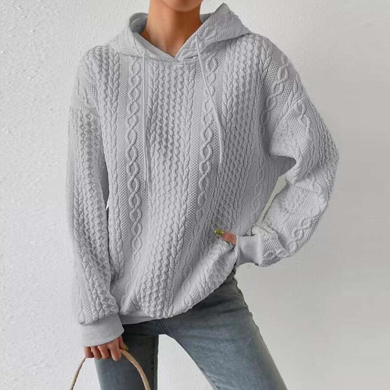 2023 New European and American Style Autumn Plus Size Casual Jacquard Hooded Lace-Up Long Sleeve Knitted Sweatshirt