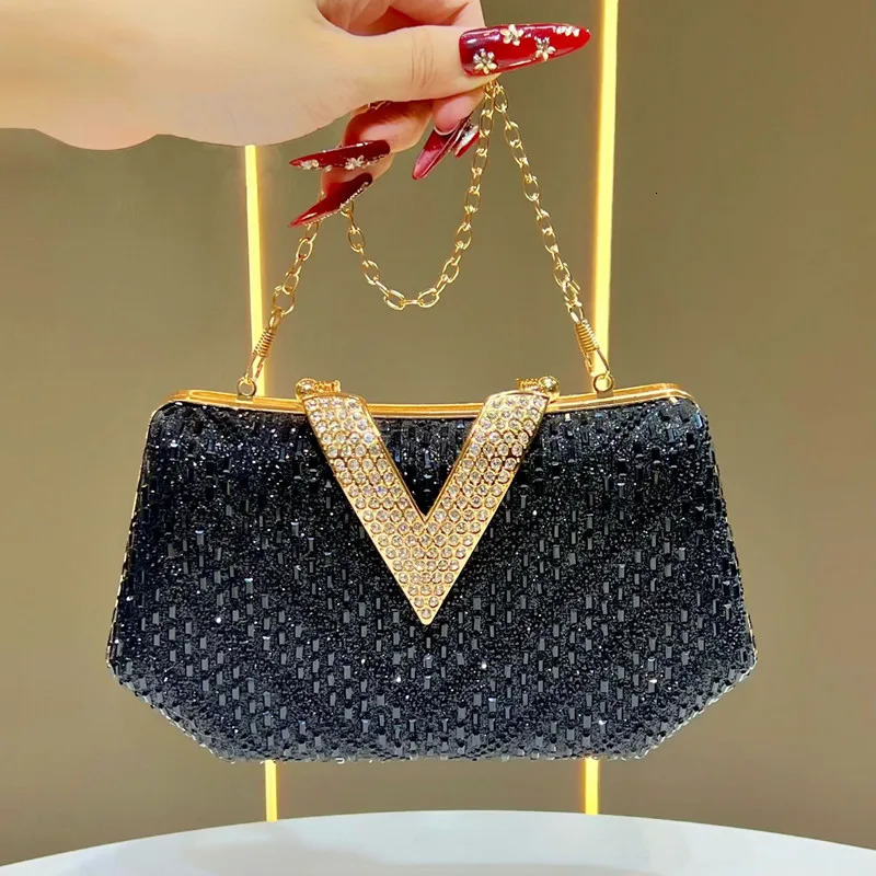 2025 Women Full Diamonds V-shaped Lock Inlaid Evening Clutch Bag Rhinestone Handbag Wedding Party Crossbody Bag R251110