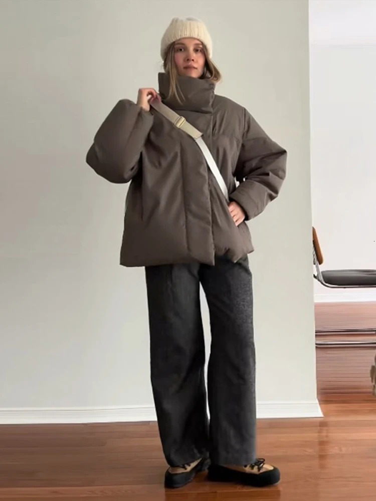 Stand Collar Women Padded Jacket 2025 Autumn Winter Covered Button Loose Female Long Sleeve Jackets Office Lady Street Short Top 251107