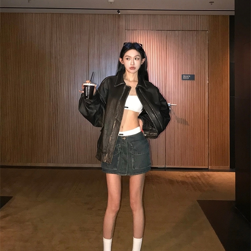 Lautaro Spring Autumn Cool Handsome Retro Oversized Distressed Brown Soft Faux Leather Jackets for Women Zipper Runway Fashion 251105