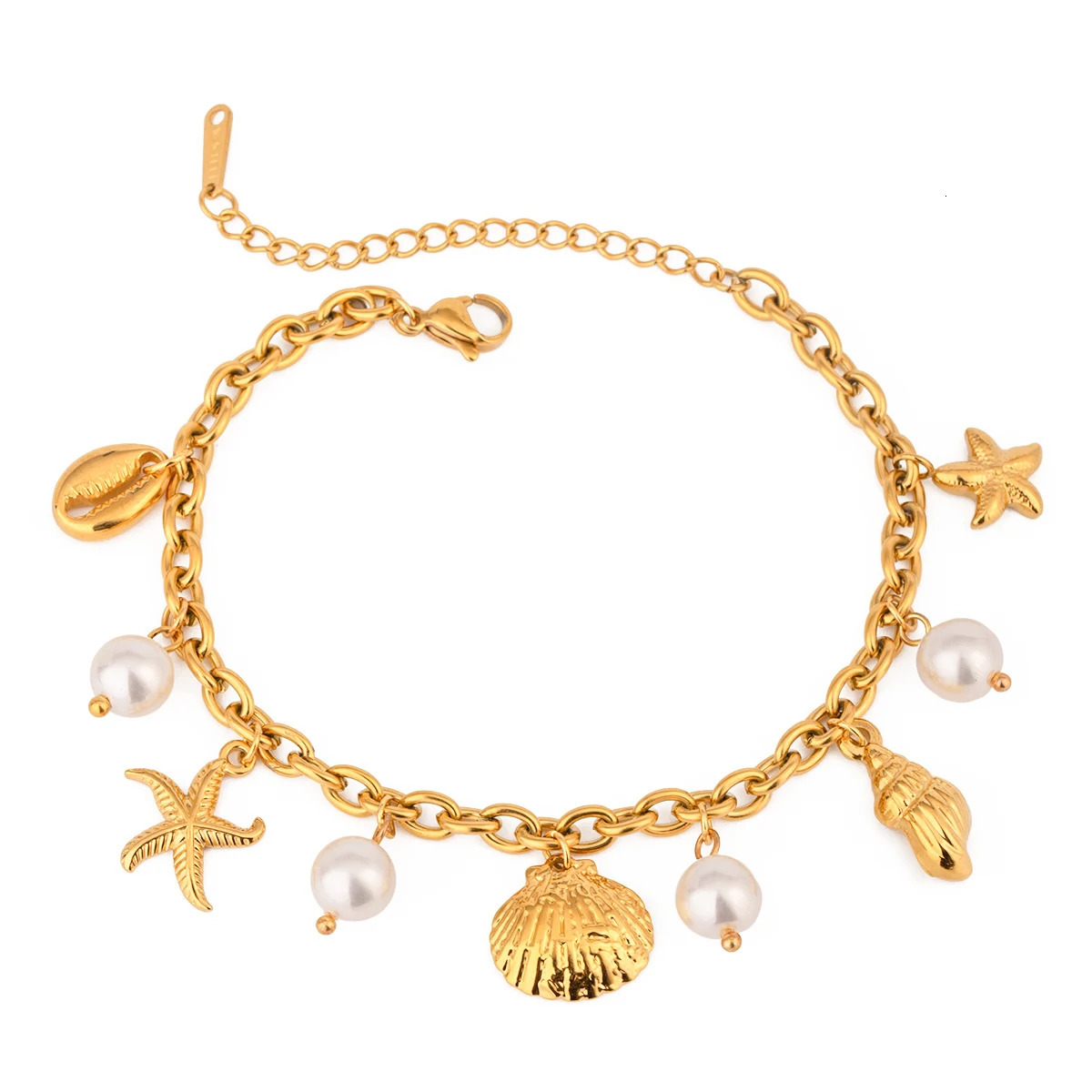 Zora 18K Gold PVD Plated Stainless Steel Pearl Shell Starfish Charm Bracelet Bangle Women Waterproof Beach Jewelrry Gift 250409
