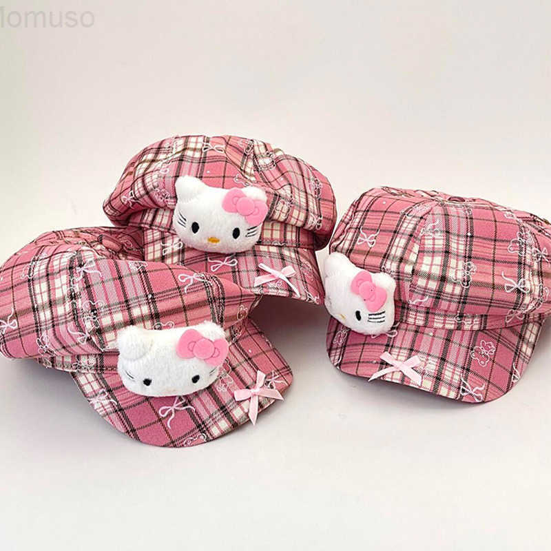 Sanrio Sweet Cute Kitty Cat Bow Plaid Beret Hat for Women Korean Style Niche Face-Slimming Pink Newsboy Hat H251110